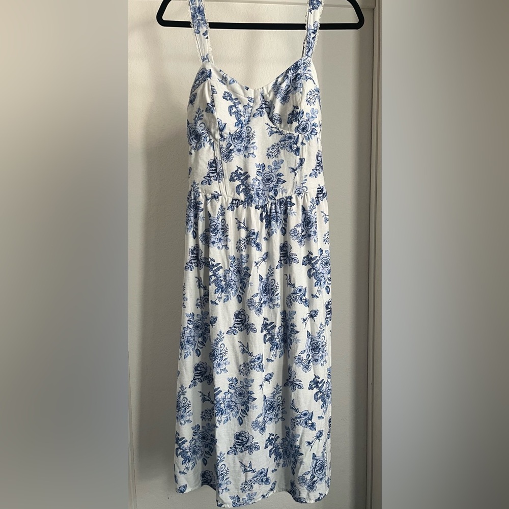 White Large dress floral blue roses midi length Bridal garden feminine